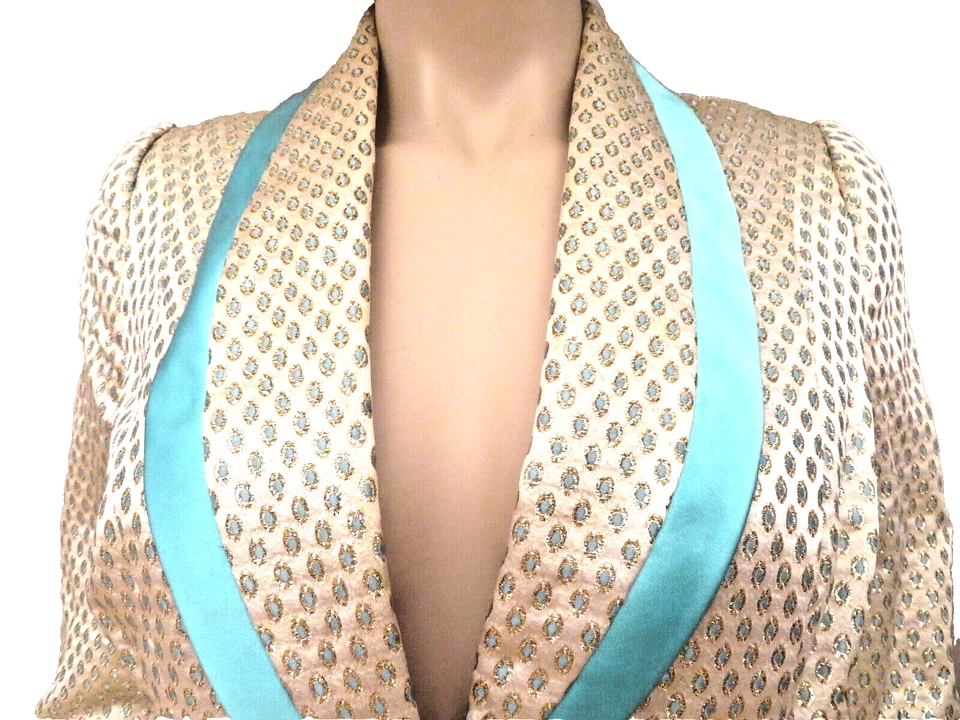 复古 Oscar De La Renta 女式提花丝绸礼服裙套装夹克外套 — 第 4/4 张图片