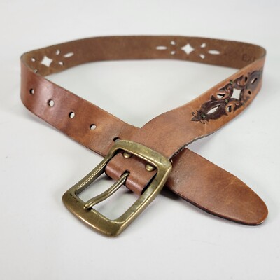 Express Cut Out Belt 28 30 Studded Tooled Leather Western Brown