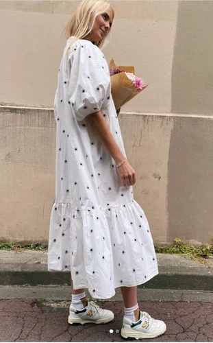 ZARA OYSTER WHITE PUFF SLEEVE MARIE FLORAL EMBROIDERED POPLIN RUFFLED MIDI DRESS - Picture 17 of 24