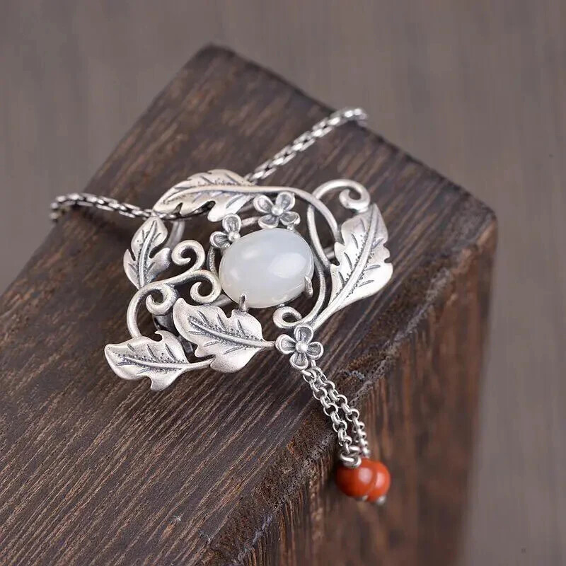 Retro Frosted Hetian Jade Pendant Brooch Silver Jewelry Gift for Women
