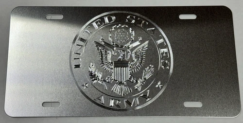 Silver on Silver Engraved US Army Military Car Tag Diamond Etched License Plate