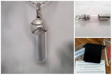 Silver Baseball Cremation Urn with Ball-Chain Necklace, Velvet Pouch, Fill Kit