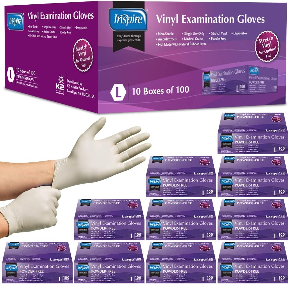 Inspire Stretch Vinyl Exam Gloves Latex Free Disposable Medical Quality