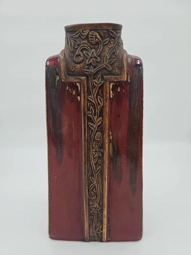 Medieval style vase burgundy with gold accent drip glaze tall sturdy rectangular