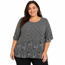 Lucky Brand Top Womens 1X Plus Black Paisley Jersey 3/4 Sleeve Scoop Neck