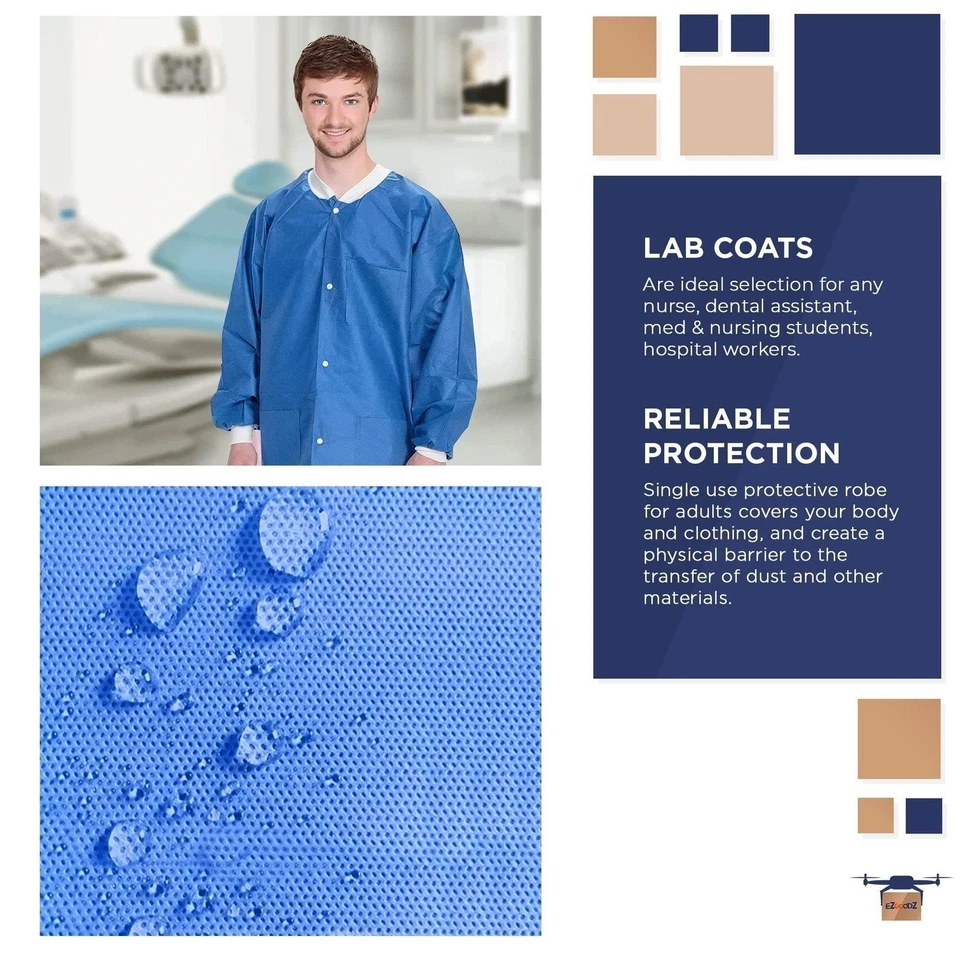 Disposable Lab Coats 38" Long 100ct Blue Adult Work Gowns Medium SMS 40 gsm PPE - Image 3 of 4