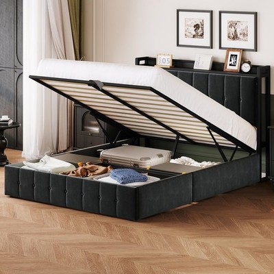 Queen Size Lift Up Storage Bed Frame, w/Headboard Upholstered Metal Platform Bed