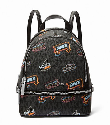 New Michael Kors Rhea Extra-Small Printed Signature Logo Backpack Black Multi