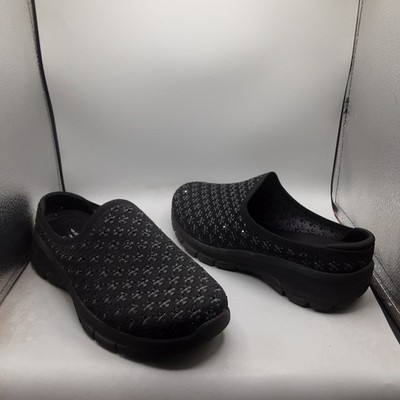 Skechers Easy Going Glitz Strut Mules Women's 9.5W Black Knit Rhinestone A286