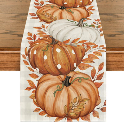 Artoid Mode Buffalo Plaid Orange Pumpkins Eucalyptus Fall Table Runner, Autumn T