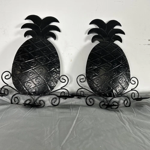 Andrea By Sadek Pair of Black Metal  Pineapple Wall Sconces / Candle Holders 18"