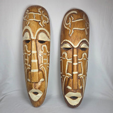 2 Hand Carved Masks Hand Painted Wall Hangings Made in Indonesia 19 in.