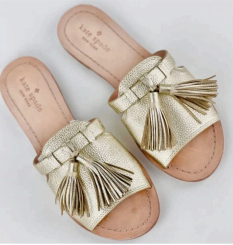 KATE SPADE NEW YORK AUTH $399 Women's Gold Leather Tassled Coby Slides Size 7