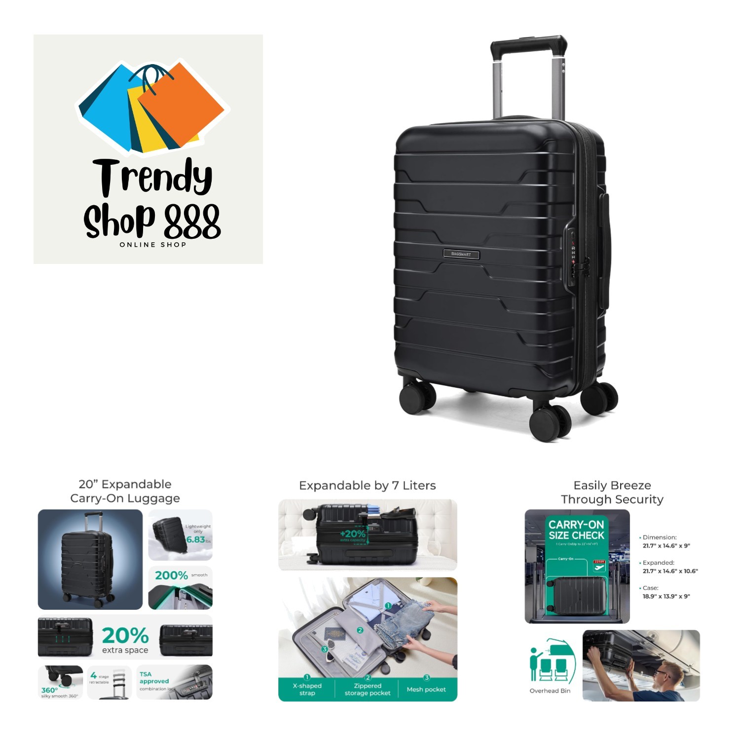 Equipaje de Mano 22x14x9 Aprobado por Aerolínea con Bloqueo TSA, 20 Pulgadas Ligero L...