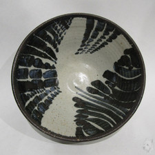 Peter Lane Studio Pottery Bowl 22cm Blue Slip Decor British Studio Ceramic Dish