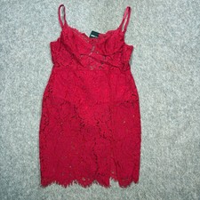 Fashion Nova Bodycon Dress Women's Size Large Red Lace Spaghetti Strap Side Slit