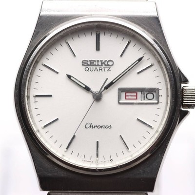 SEIKO Cronos Men's Watch 80s Vintage Quartz 8123-7090 White Dial Day-Date