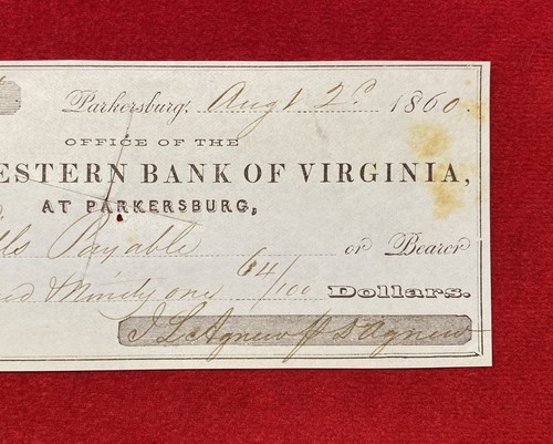 1860 *NORTH WESTERN BANK OF VIRGINIA* PARKERSBURG, VA BANK CHECK+VIGNETTE! RARE! - Picture 11 of 14