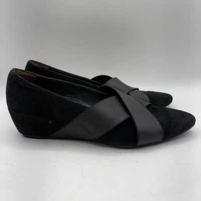 Paul Green Black Suede Criss Cross Elastic Strap Low Wedge Pumps Womens US 9