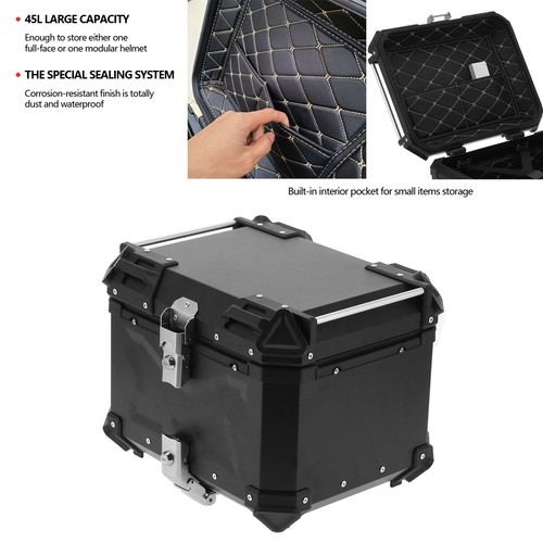 45L Motorcycle Rear Top Box Aluminium Alloy Tail Carrier Luggage Tool Case Black - Picture 2 of 11