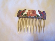 Vintage Gold Tone Cloisonn Hair Comb Enamel Butterflies Rose Excellent Cond