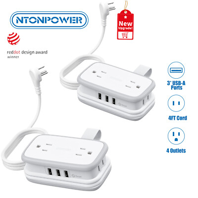Ntonpower 2 Pack Travel Power Strip 4 Outlets + 3 USB 4 Ft Extension Cord