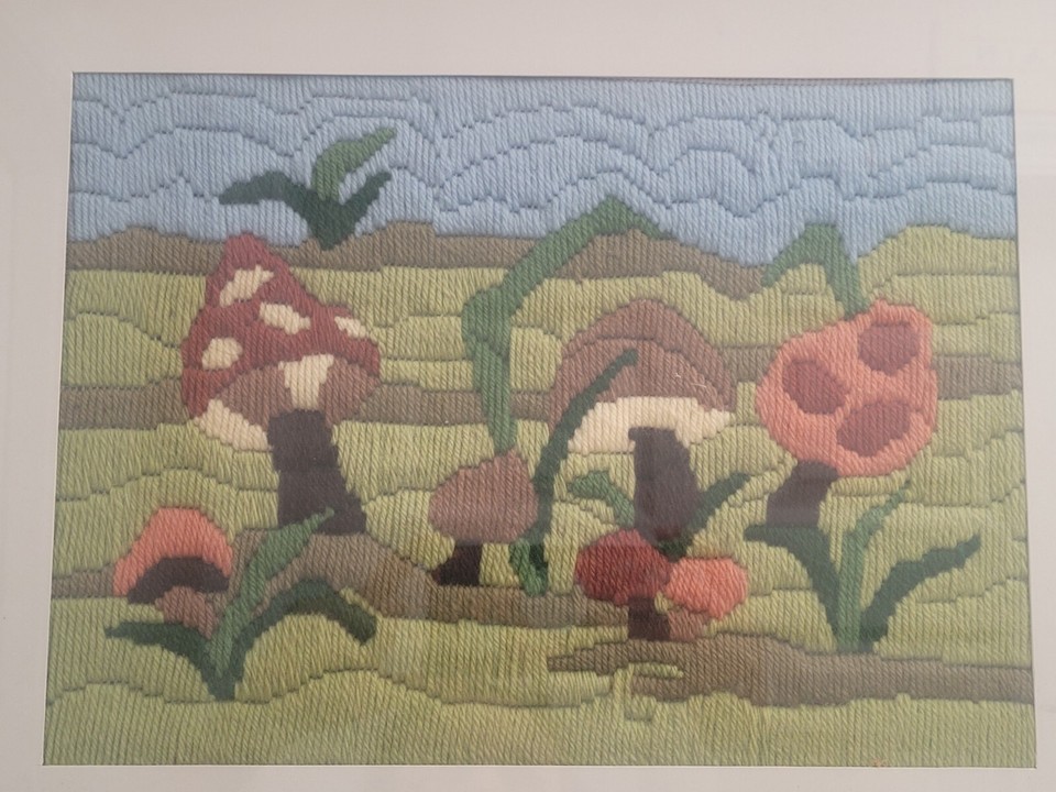 Vintage Mushroom Crewel Framed Picture Wall Hanging Needlepoint Plants