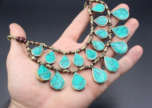 Afghan Necklace, Green Enamel Stones Tassels Necklace, Kuchi Nomadic Necklace - Picture 8 of 9