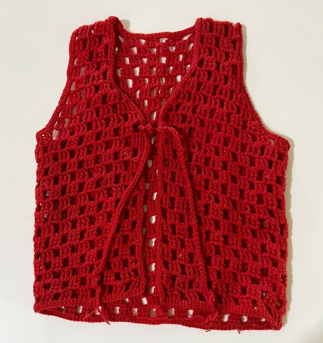 Vintage 1960s Sleeveless Hand-Made Crochet Knit Red Vest Top