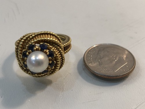 18k Gold Woven Rope Design Estate Ring Pearl Sapphires Size 5 - Picture 5 of 8