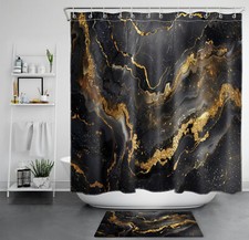 Vintage Black and Gold Abstract Marble Shower Curtain Set for Bathroom Decor