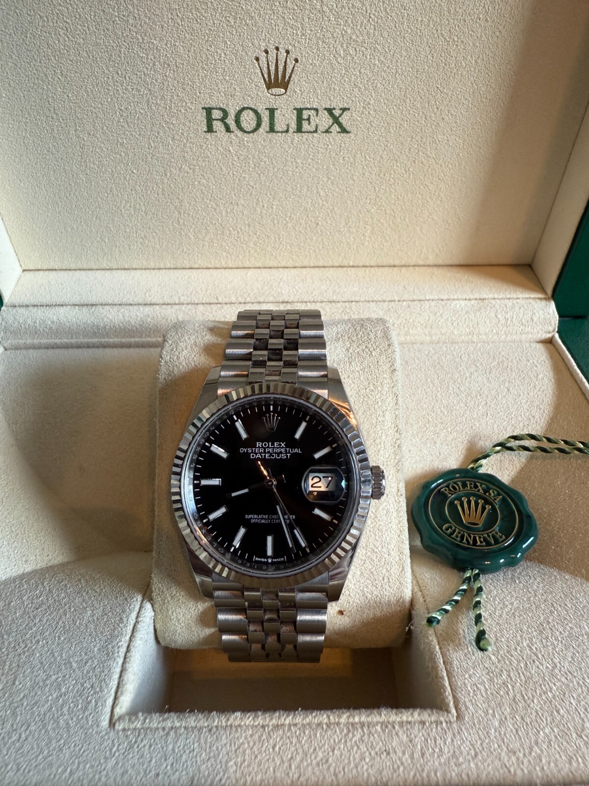 Rolex Datejust 36mm 126234 Black Dial Jubilee White Gold Bezel