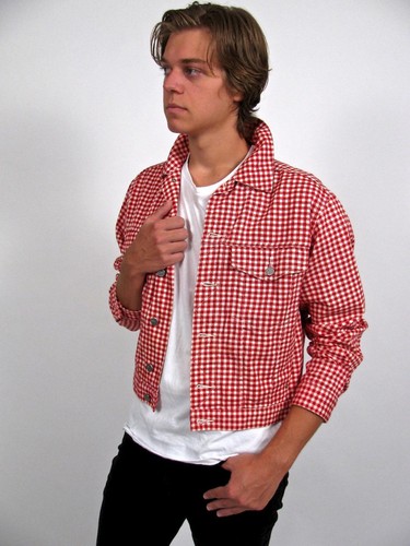 ESPRIT JEAN JACKET RED WHITE CHECK MANS COTTON RIVET BUTTON OCTOBERFEST COAT~38