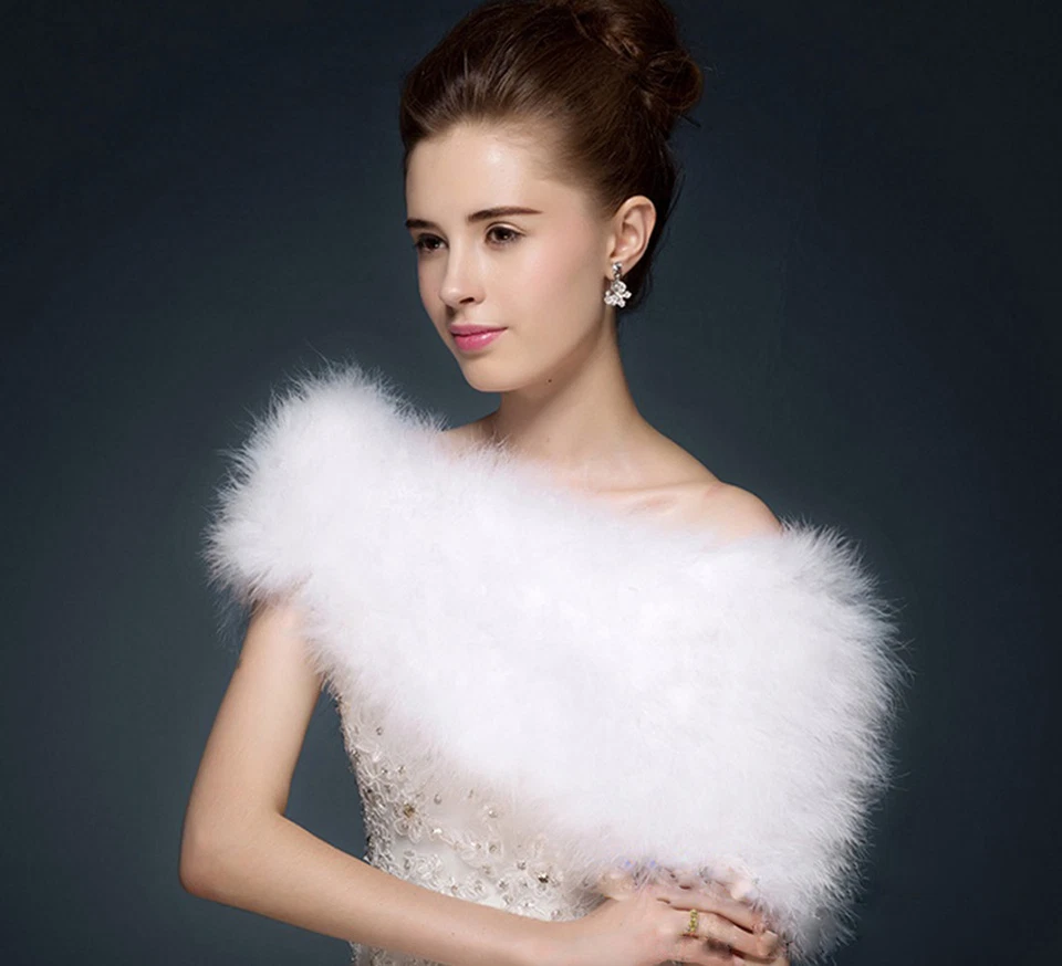 Real Ostrich Feather Fur Shrug Cape Warm Shawl Wraps For Bride Wedding Party - Image 3 of 4