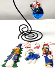 7 Clay Snowman Ornaments-Birdhouse, Angel, Heads,  Deocrating Whimsical