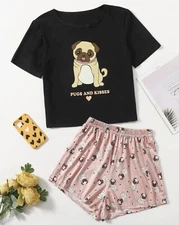 NWT - Pug Shorts & Top Pajama Set "Pugs & Kisses" - Sizes S, M or L