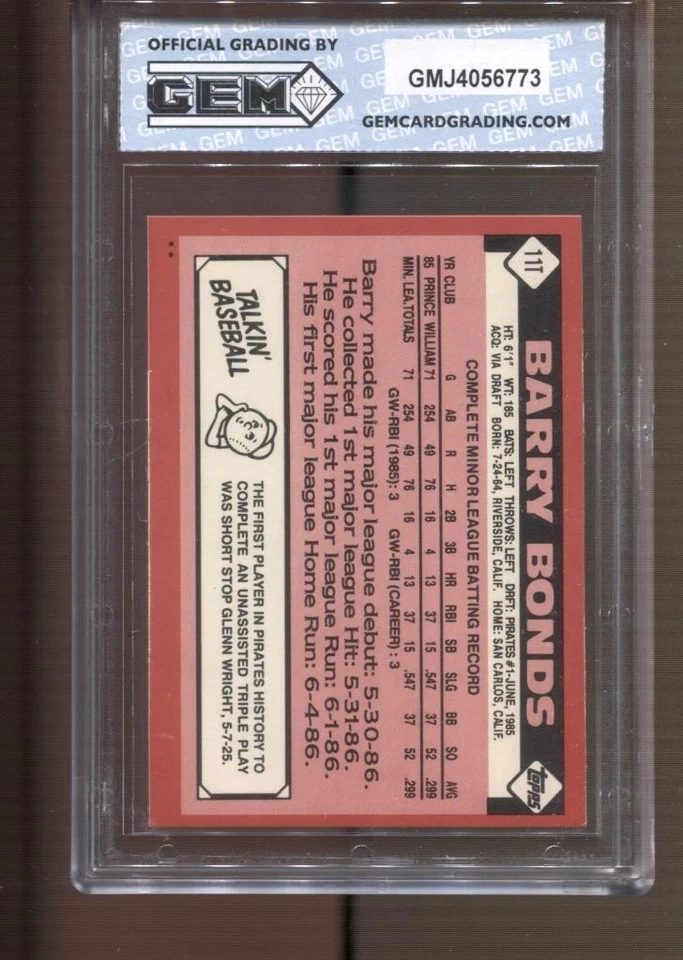Barry Bonds Topps 1986 negociado #11T gema como nuevo 10 radiocontrol novato Piratas Gigantes Foto 2 de 2