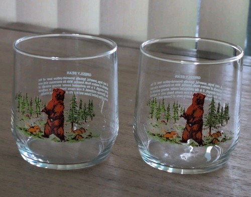 Vintage Sunoco North American Wildlife Glass Grizzly Bear Set Of 2🐻