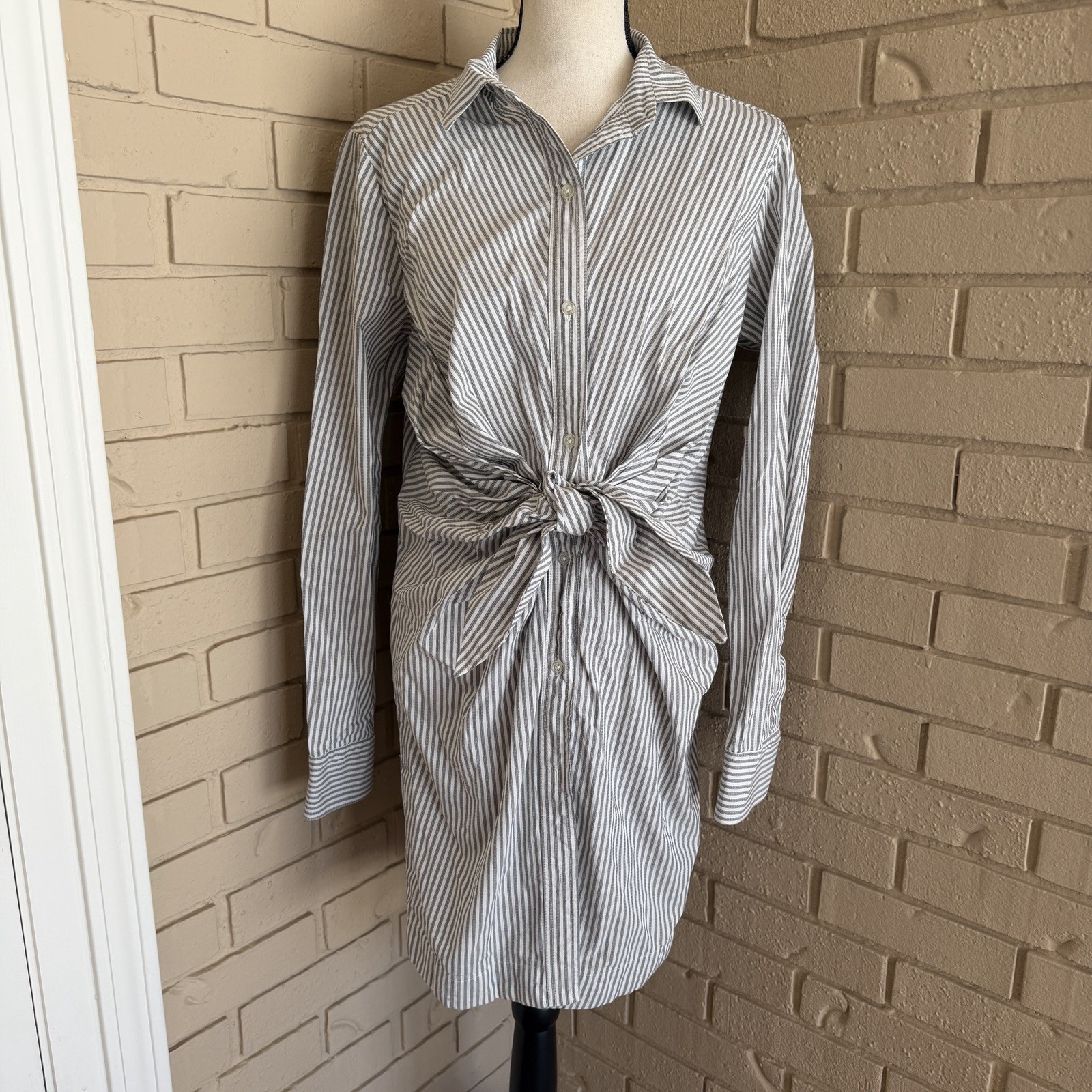 Norma Kamali Shirt Dress Womens M Gray White Striped Tie Front Old Money Resort