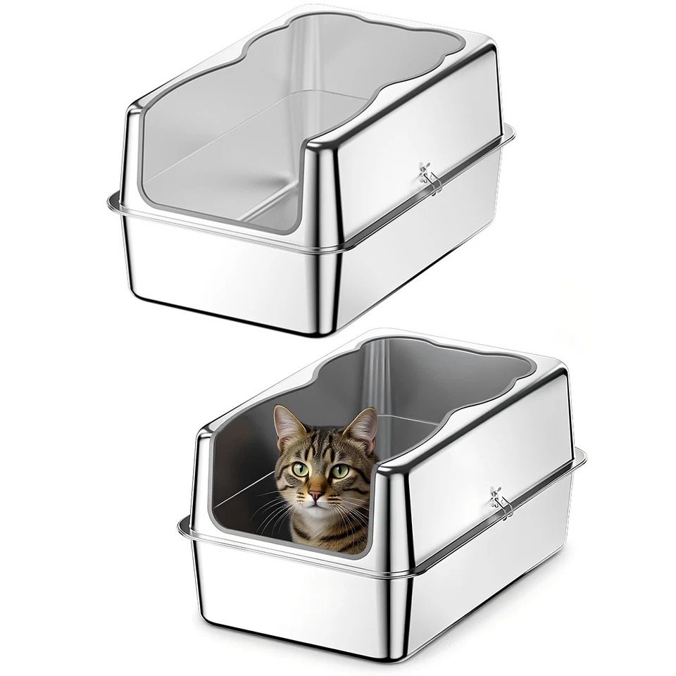 Caja de arena para gatos de acero inoxidable XL con tapa bandeja de arena extra grande con lado alto Foto 2 de 4