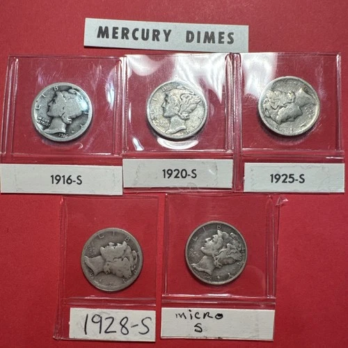 Lot Of 5 1916-S 1920-S 1925-S 1928-S 1945-S 10C Mercury Dimes Set 90% Silver