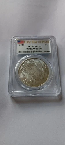 2025 $1 American Buffalo .999 Silver PCGS MS70 1st. Day of issue. Flag Series.