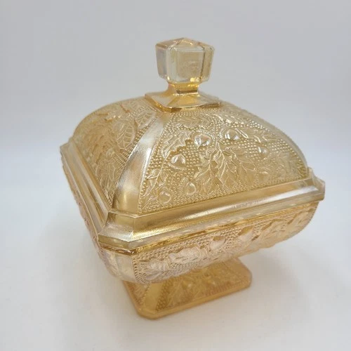 Vintage Jeanette Amberina Candy Dish Compote Carnival Glass Acorn Oak Leaf