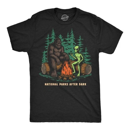 Mens Funny T Shirts National Parks After Dark Sarcastic Bigfoot Alien Graphic