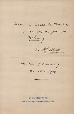 FREDERIC MISTRAL - AUTOGRAPH QUOTATION SIGNED 08/30/1909