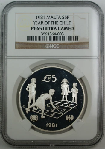 1981 Malta Proof Silver 5 Pounds, NGC PF-65 UC, Year of the Child