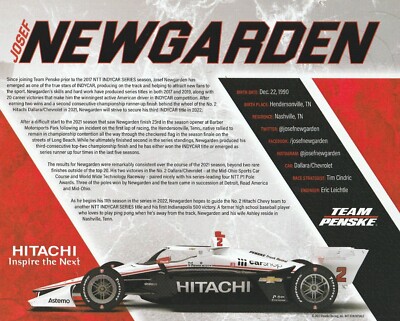 2022 JOSEF NEWGARDEN signed INDIANAPOLIS 500 HITACHI HERO PHOTO