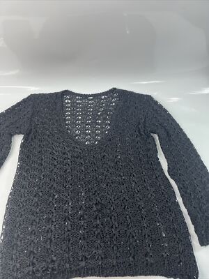 Handmade Black Crochet Sweater Large Scooped Neck Straight