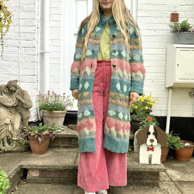 Vintage S antonella orè Wool Mohair Long Cardigan Coat Pink Green