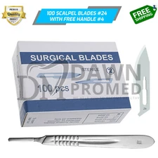 100 Sterile Surgical Blades #24 with BP Scalpel Handle #4 Medical ENT German Gr